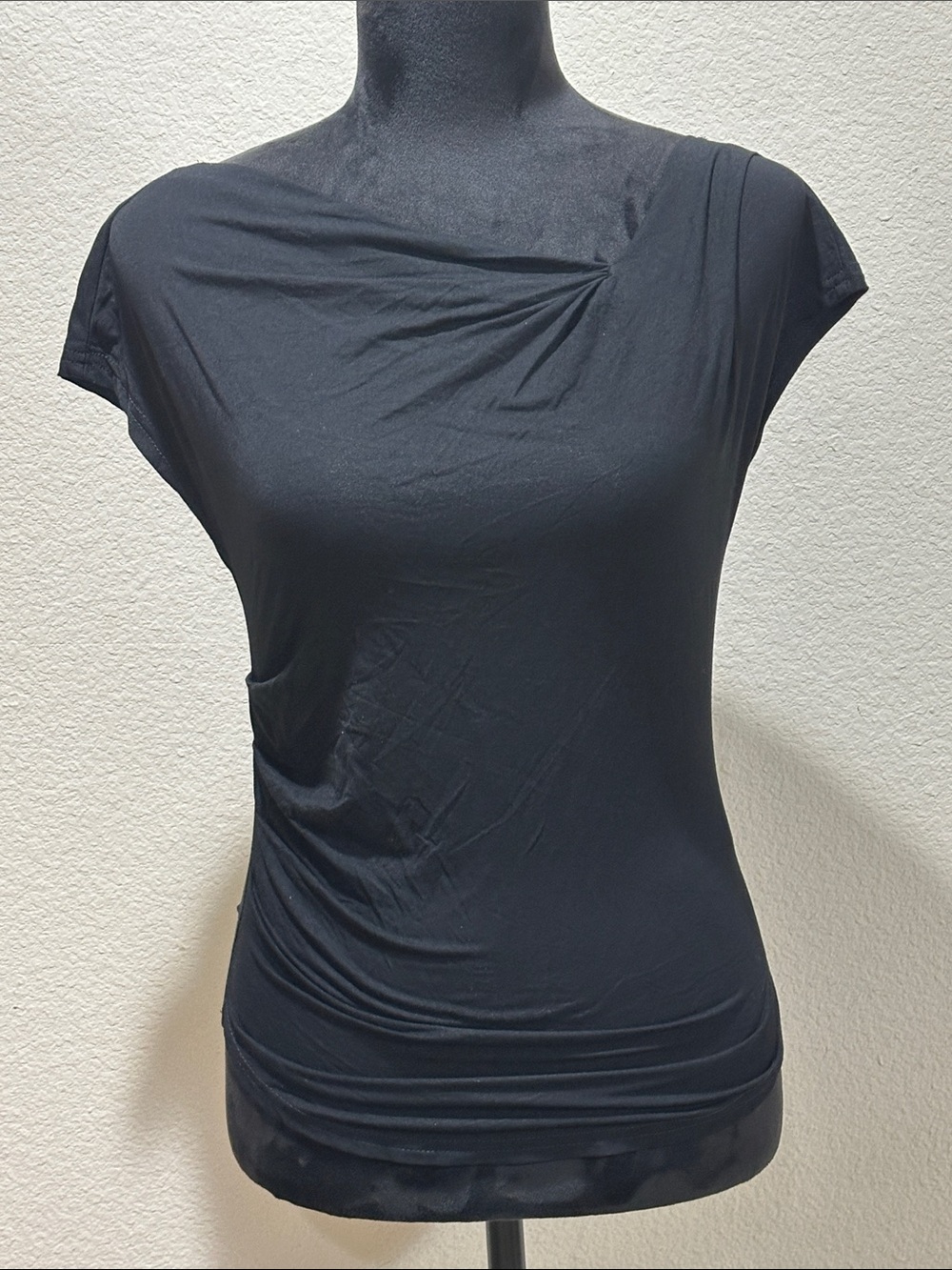 Draped Black Cap-Sleeved Women’s Top